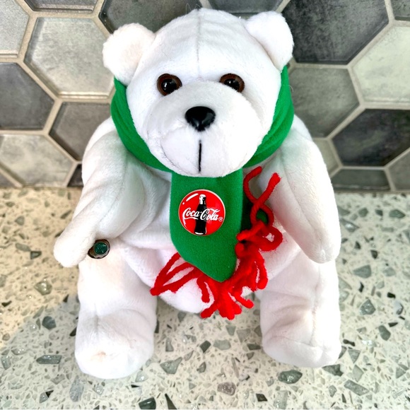 Coca Cola Polar Bear with Green Scarf with tag and Coca Cola bottle - Picture 1 of 6
